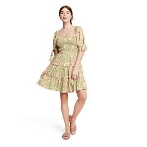 Agua Bendita Target 3X Olive Green Mini Dress Romantic Floral Puffed Sleeve NWT